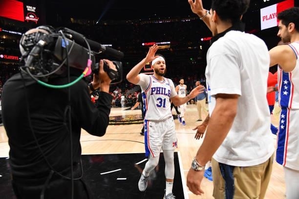 Seth Curry of the Philadelphia 76ers reacts after a game against the Atlanta Hawks during Round 2, Game 6 of the Eastern Conference Playoffs on June...