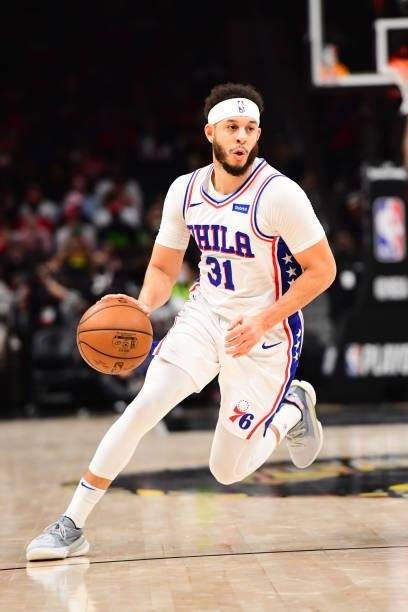 Seth Curry of the Philadelphia 76ers handles the ball against the Atlanta Hawks during Round 2, Game 6 of the Eastern Conference Playoffs on June 18,...