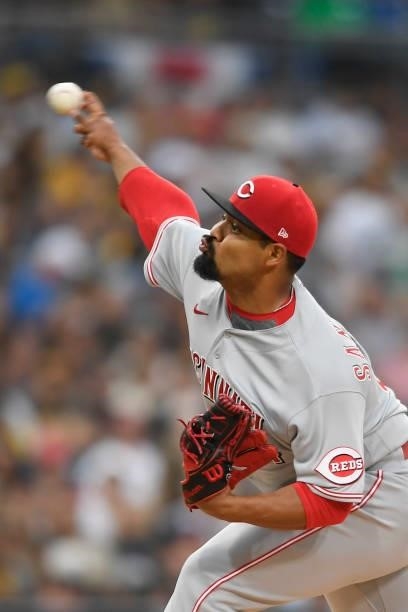 Tony Santillan of the Cincinnati Reds pitches during the first inning of a baseball game against the San Diego Padres at Petco Park on June 18, 2021...