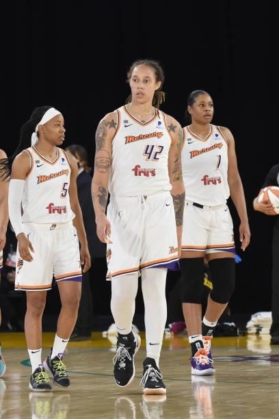 Brittney Griner of the Phoenix Mercury looks on during the game against the Los Angeles Sparks on June 18, 2021 at the Los Angeles Convention Center...