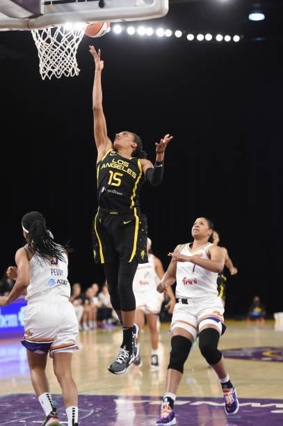 Brittney Sykes of the Los Angeles Sparks shoots the ball against the Phoenix Mercury on June 18, 2021 at the Los Angeles Convention Center in Los...