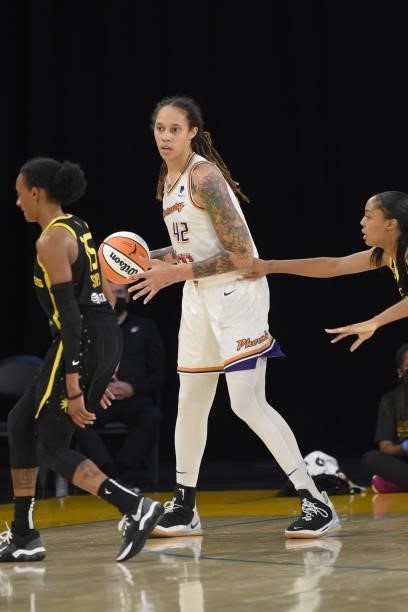 Brittney Griner of the Phoenix Mercury handles the ball against the Los Angeles Sparks on June 18, 2021 at the Los Angeles Convention Center in Los...