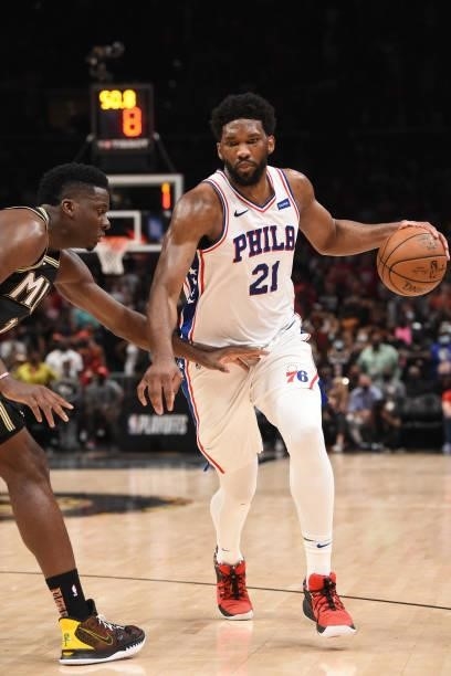 Joel Embiid of the Philadelphia 76ers handles the ball against the Atlanta Hawks during Round 2, Game 6 of the Eastern Conference Playoffs on June...