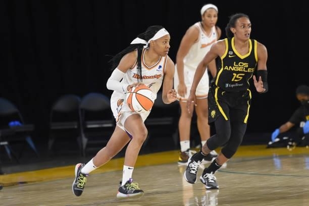 Shey Peddy of the Phoenix Mercury dribbles the ball against the Los Angeles Sparks on June 18, 2021 at the Los Angeles Convention Center in Los...