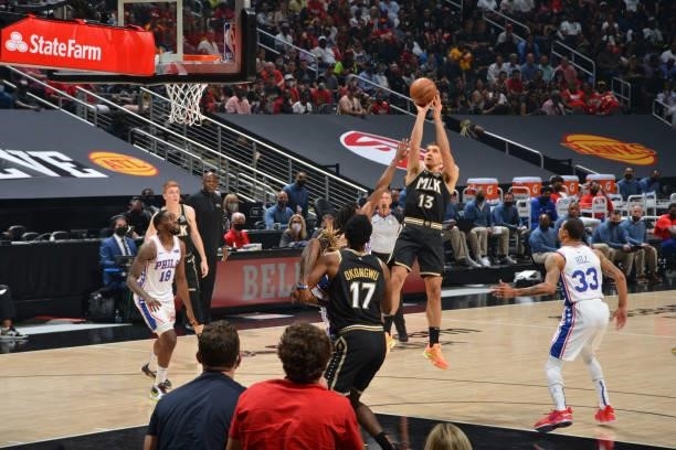 Bogdan Bogdanovic of the Atlanta Hawks shoots the ball against the Philadelphia 76ers during Round 2, Game 6 of the Eastern Conference Playoffs on...