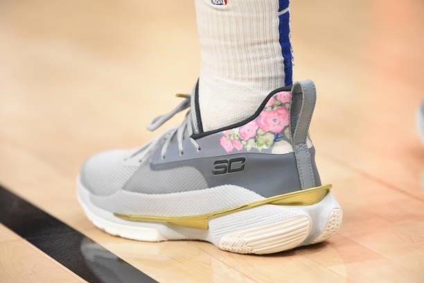 The sneakers worn by Seth Curry of the Philadelphia 76ers during Round 2, Game 6 of the Eastern Conference Playoffs on June 18, 2021 at State Farm...