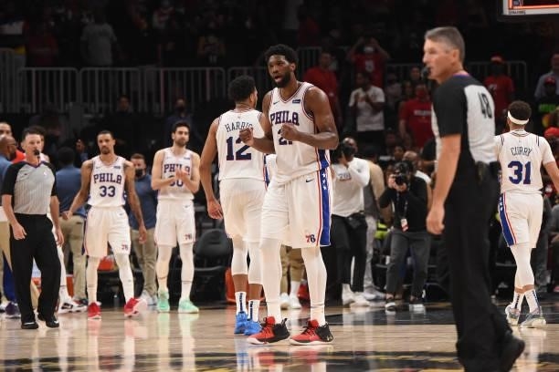 Tobias Harris of the Philadelphia 76ers and Joel Embiid of the Philadelphia 76ers react after a game against the Atlanta Hawks during Round 2, Game 6...