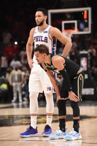 Ben Simmons of the Philadelphia 76ers and Trae Young of the Atlanta Hawks looks on during Round 2, Game 6 of the Eastern Conference Playoffs on June...