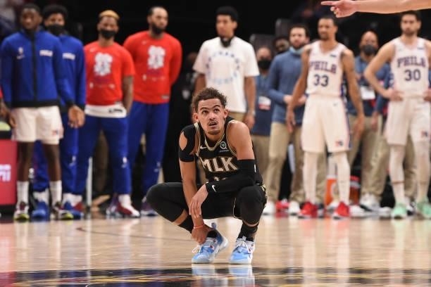 Trae Young of the Atlanta Hawks looks on during a game against the Philadelphia 76ers during Round 2, Game 6 of the Eastern Conference Playoffs on...