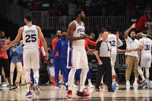 Joel Embiid of the Philadelphia 76ers reacts after a game against the Atlanta Hawks during Round 2, Game 6 of the Eastern Conference Playoffs on June...