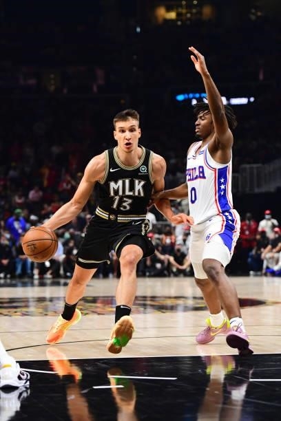 Bogdan Bogdanovic of the Atlanta Hawks drives to the basket against the Philadelphia 76ers during Round 2, Game 6 of the Eastern Conference Playoffs...