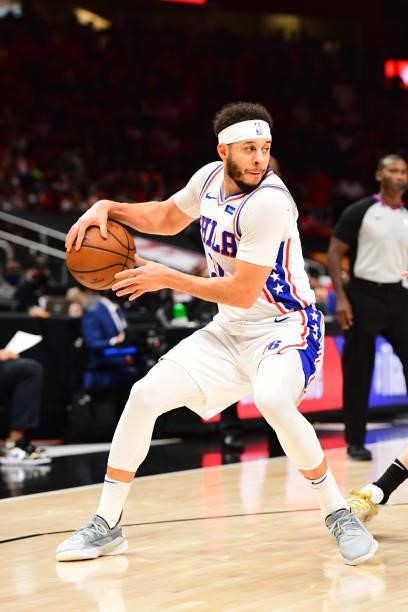 Seth Curry of the Philadelphia 76ers looks to pass the ball against the Atlanta Hawks during Round 2, Game 6 of the Eastern Conference Playoffs on...