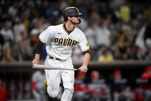 Wil Myers of the San Diego Padres hits a solo home run during the fourth inning of a baseball game against the Cincinnati Reds at Petco Park on June...