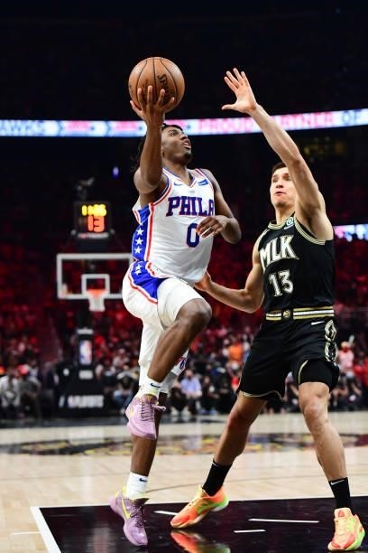 Tyrese Maxey of the Philadelphia 76ers drives to the basket against the Atlanta Hawks during Round 2, Game 6 of the Eastern Conference Playoffs on...