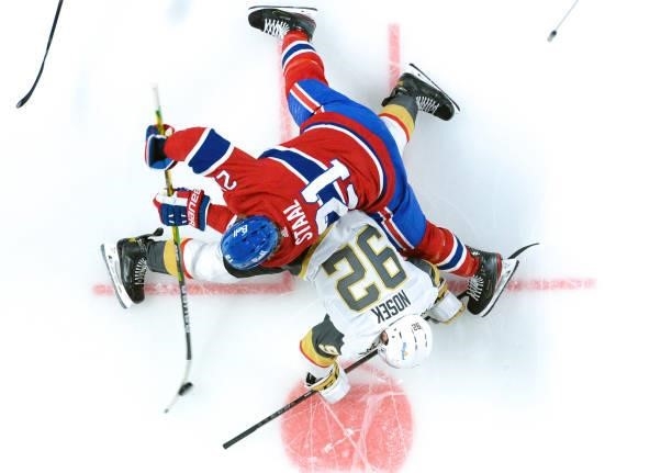 June 18: Eric Staal of the Montreal Canadiens faces off against Tomas Nosek of the Vegas Golden Knights in Game Three of the Stanley Cup Semifinals...