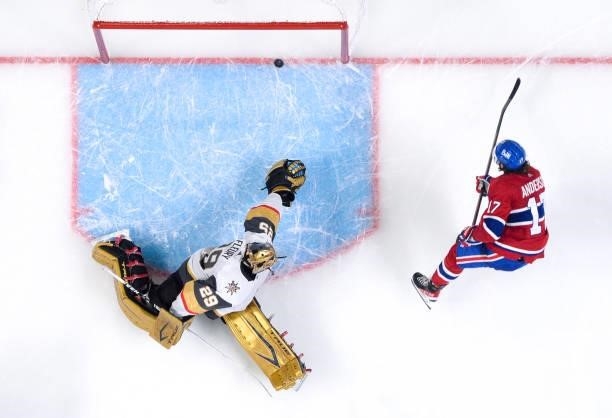 June 18: Josh Anderson of the Montreal Canadiens scores a winner goal against Marc-Andre Fleury of the Vegas Golden Knights in Game Three of the...