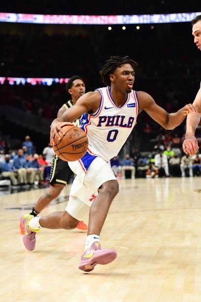 Tyrese Maxey of the Philadelphia 76ers drives to the basket against the Atlanta Hawks during Round 2, Game 6 of the Eastern Conference Playoffs on...