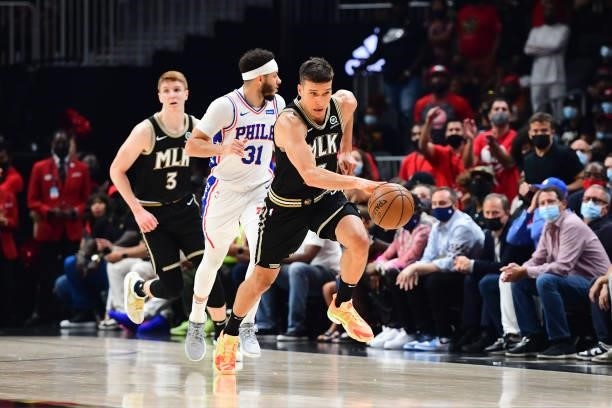 Bogdan Bogdanovic of the Atlanta Hawks handles the ball against the Philadelphia 76ers during Round 2, Game 6 of the Eastern Conference Playoffs on...