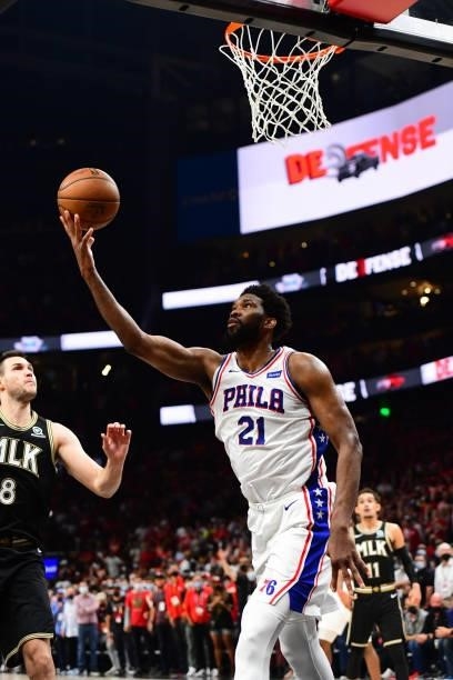 Joel Embiid of the Philadelphia 76ers shoots the ball against the Atlanta Hawks during Round 2, Game 6 of the Eastern Conference Playoffs on June 18,...