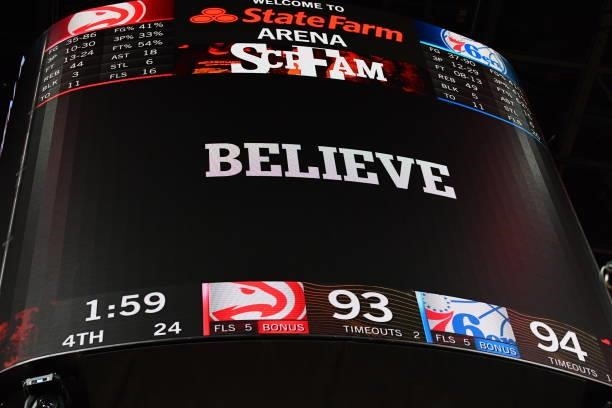 Signage from the game between the Atlanta Hawks and the Philadelphia 76ers during Round 2, Game 6 of the Eastern Conference Playoffs on June 18, 2021...