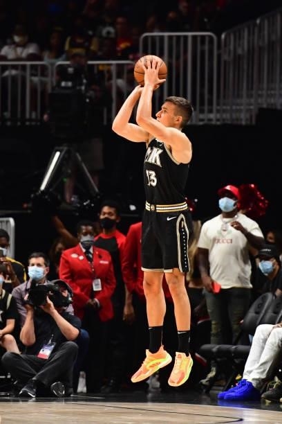 Bogdan Bogdanovic of the Atlanta Hawks shoots a 3-pointer against the Philadelphia 76ers during Round 2, Game 6 of the Eastern Conference Playoffs on...