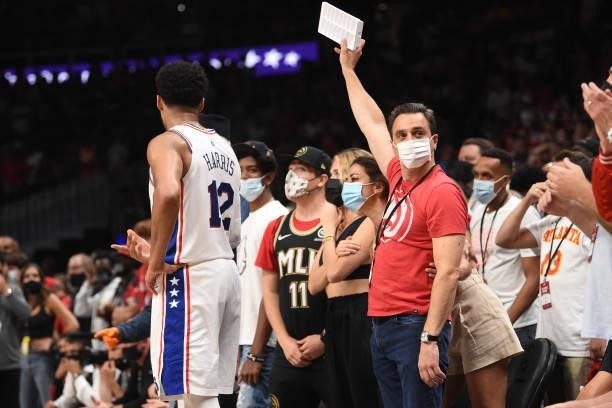 Atlanta Hawks fan holds an ice tray during Round 2, Game 6 of the Eastern Conference Playoffs on June 18, 2021 at State Farm Arena in Atlanta,...