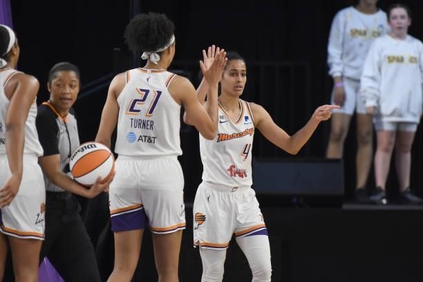 Skylar Diggins-Smith and Brianna Turner of the Phoenix Mercury high five during the game against the Los Angeles Sparks on June 18, 2021 at the Los...