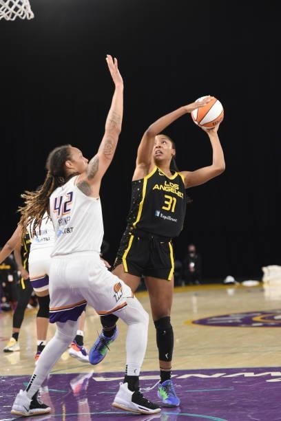 Kristine Anigwe of the Los Angeles Sparks looks to shoot the ball against the Phoenix Mercury on June 18, 2021 at the Los Angeles Convention Center...