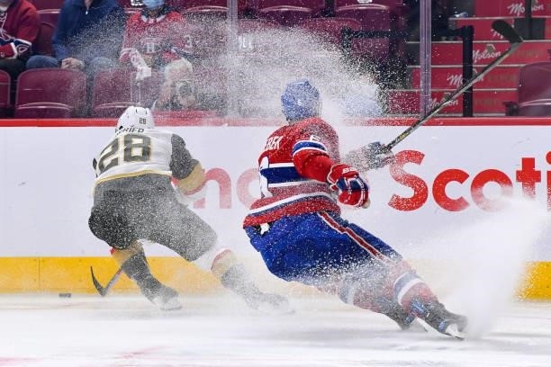 June 18: William Carrier of the Vegas Golden Knights skates with the puck under pressure from Shea Weber of the Montreal Canadiens in Game Three of...