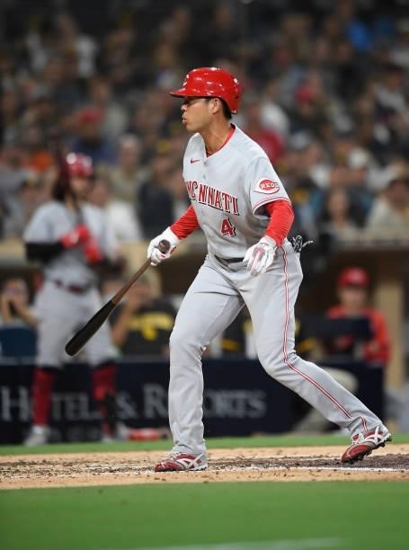 Shogo Akiyama of the Cincinnati Reds strikes out swinging during the fourth inning of a baseball game against the San Diego Padres at Petco Park on...