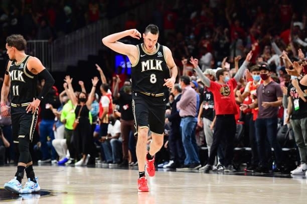 Danilo Gallinari of the Atlanta Hawks reacts to a play during the game against the Philadelphia 76ers during Round 2, Game 6 of the Eastern...