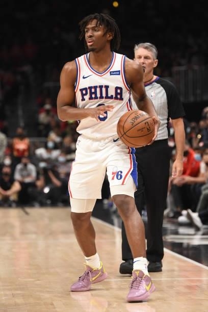 Tyrese Maxey of the Philadelphia 76ers handles the ball against the Atlanta Hawks during Round 2, Game 6 of the Eastern Conference Playoffs on June...