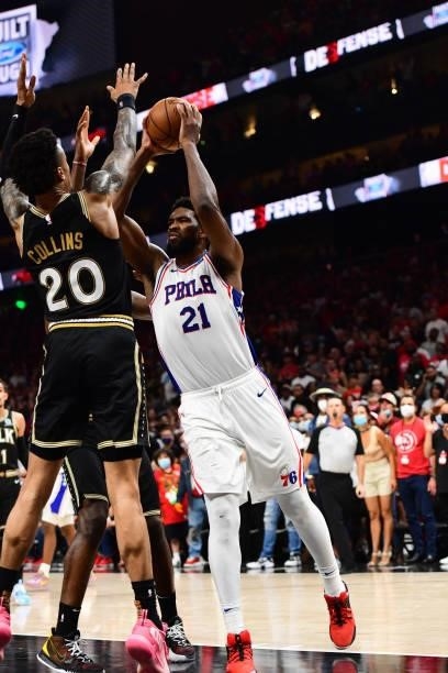 Joel Embiid of the Philadelphia 76ers drives to the basket against the Atlanta Hawks during Round 2, Game 6 of the Eastern Conference Playoffs on...