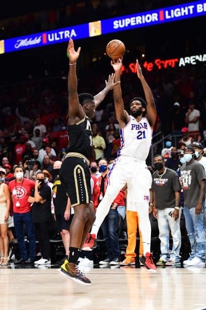 Joel Embiid of the Philadelphia 76ers shoots the ball against the Atlanta Hawks during Round 2, Game 6 of the Eastern Conference Playoffs on June 18,...
