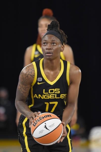 Erica Wheeler of the Los Angeles Sparks looks to shoot a free throw against the Phoenix Mercury on June 18, 2021 at the Los Angeles Convention Center...