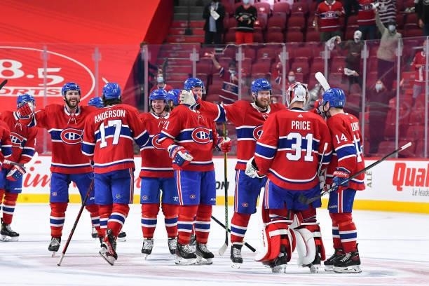 June 18: Montreal Canadiens players celebrate after defeating the Vegas Golden Knights in Game Three of the Stanley Cup Semifinals of the 2021...