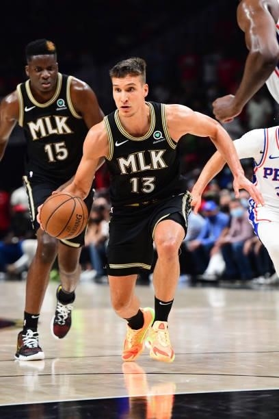 Bogdan Bogdanovic of the Atlanta Hawks handles the ball against the Philadelphia 76ers during Round 2, Game 6 of the Eastern Conference Playoffs on...