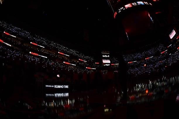 The crowd waves their cellphone lights when the lights went out during Round 2, Game 6 of the Eastern Conference Playoffs on June 18, 2021 at State...