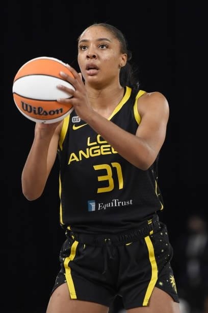 Kristine Anigwe of the Los Angeles Sparks looks to shoot a free throw against the Phoenix Mercury on June 18, 2021 at the Los Angeles Convention...