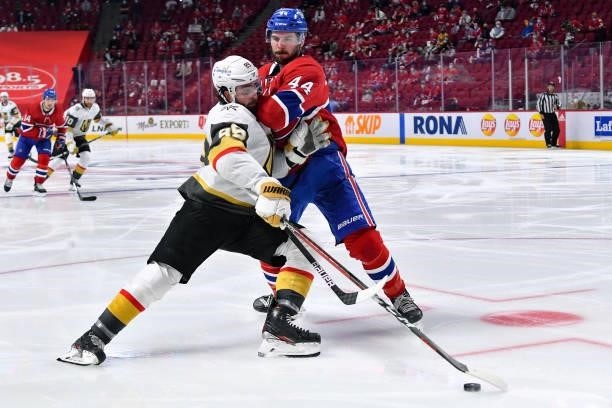 June 18: Joel Edmundson of the Montreal Canadiens tries to slow down Alex Tuch of the Vegas Golden Knights in Game Three of the Stanley Cup...