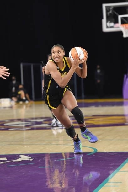 Kristine Anigwe of the Los Angeles Sparks drives to the basket against the Phoenix Mercury on June 18, 2021 at the Los Angeles Convention Center in...