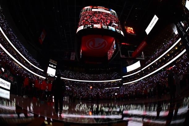The crowd waves their cellphone lights when the lights went out during Round 2, Game 6 of the Eastern Conference Playoffs on June 18, 2021 at State...