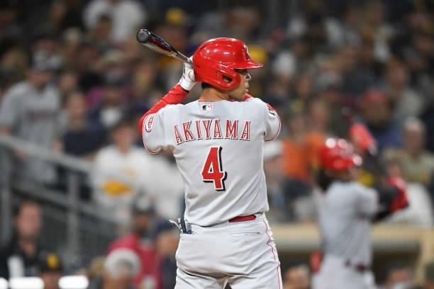 Shogo Akiyama of the Cincinnati Reds comes up to bat during the fourth inning of a baseball game against the San Diego Padres at Petco Park on June...