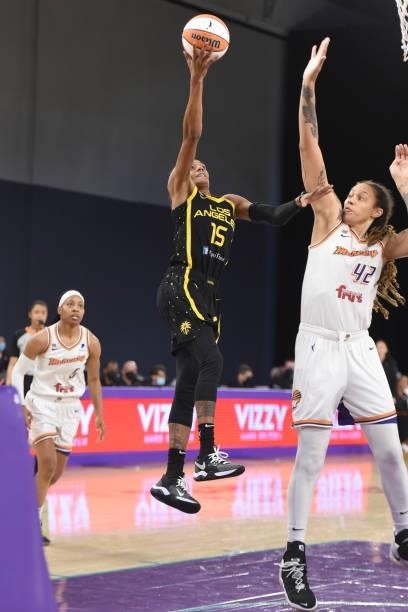 Brittney Sykes of the Los Angeles Sparks drives to the basket against the Phoenix Mercury on June 18, 2021 at the Los Angeles Convention Center in...