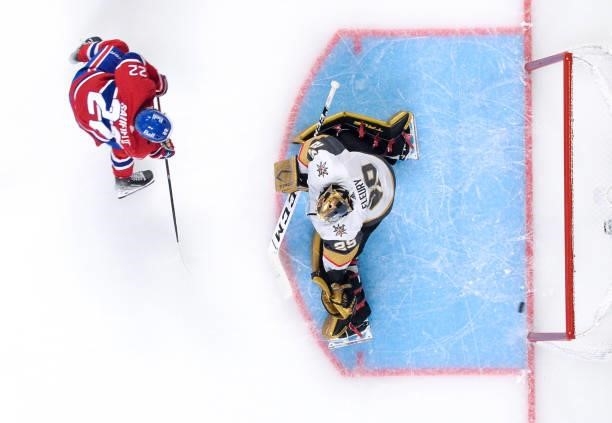 June 18: Cole Caufield of the Montreal Canadiens scores a goal on Marc-Andre Fleury of the Vegas Golden Knights in Game Three of the Stanley Cup...