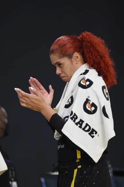 Amanda Zahui B of the Los Angeles Sparks claps during the game against the Phoenix Mercury on June 18, 2021 at the Los Angeles Convention Center in...