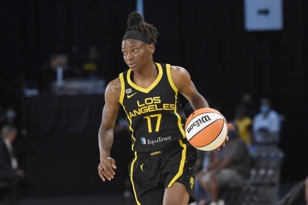 Erica Wheeler of the Los Angeles Sparks handles the ball against the Phoenix Mercury on June 18, 2021 at the Los Angeles Convention Center in Los...