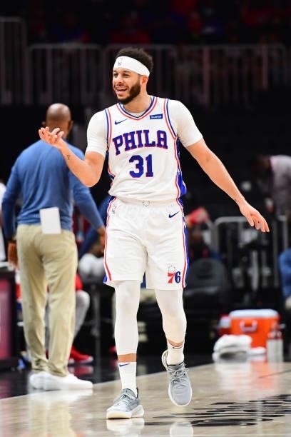 Seth Curry of the Philadelphia 76ers smiles during the game against the Atlanta Hawks during Round 2, Game 6 of the Eastern Conference Playoffs on...