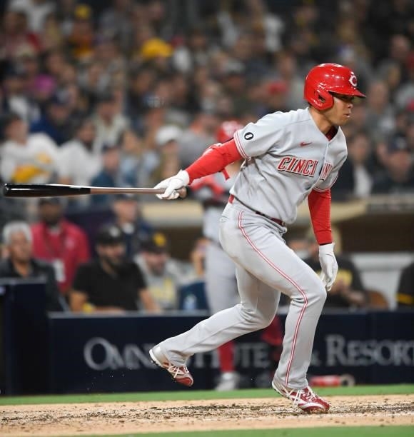 Shogo Akiyama of the Cincinnati Reds strikes out swinging during the fourth inning of a baseball game against the San Diego Padres at Petco Park on...