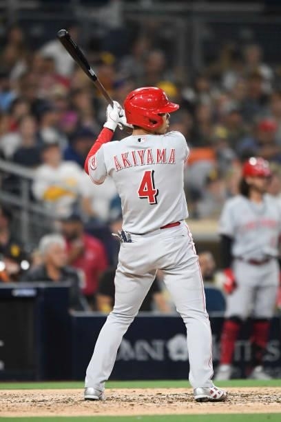 Shogo Akiyama of the Cincinnati Reds comes up to bat during the fourth inning of a baseball game against the San Diego Padres at Petco Park on June...